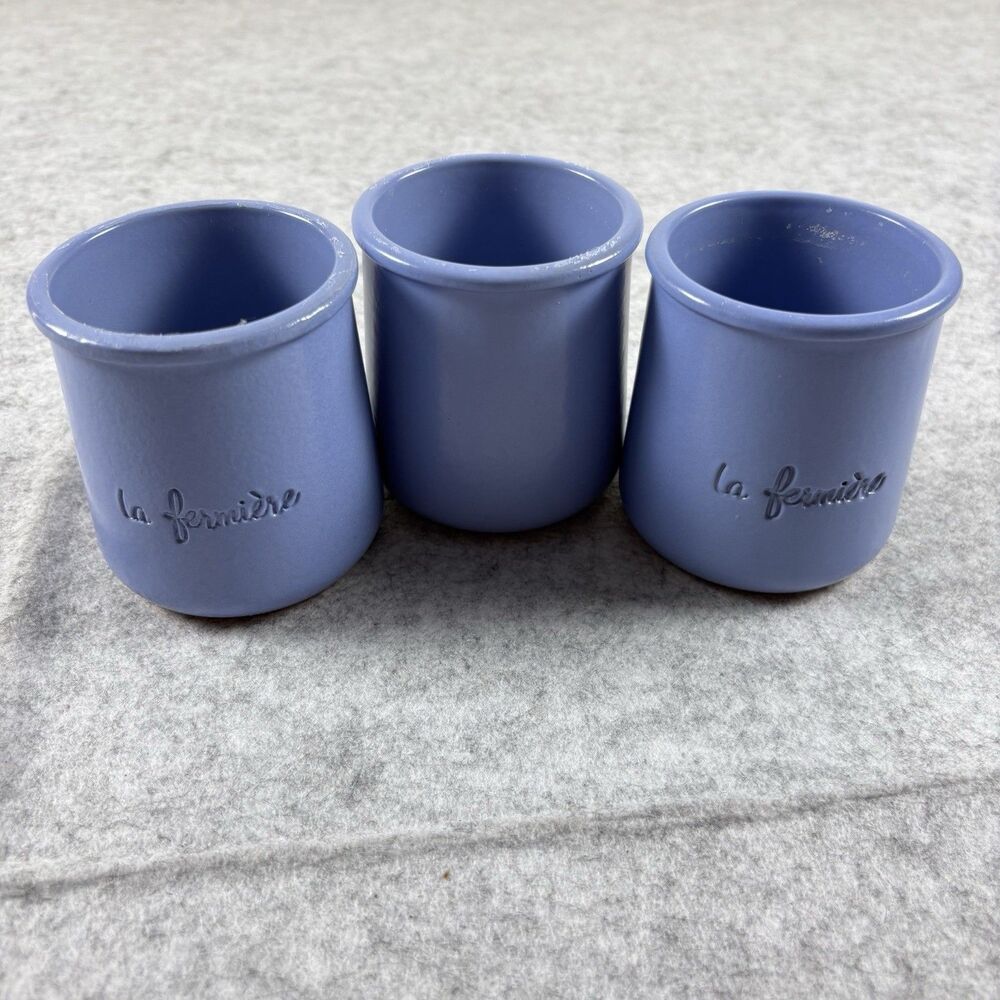 La Fermiere Perikwinkle Blue Small Yogurt Plant Pot Jar Terracotta Clay Set of 3